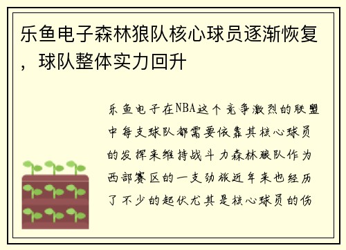 乐鱼电子森林狼队核心球员逐渐恢复，球队整体实力回升