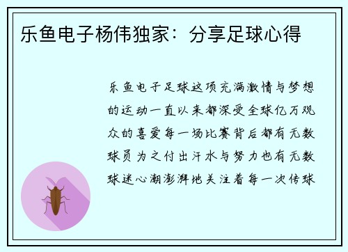 乐鱼电子杨伟独家：分享足球心得