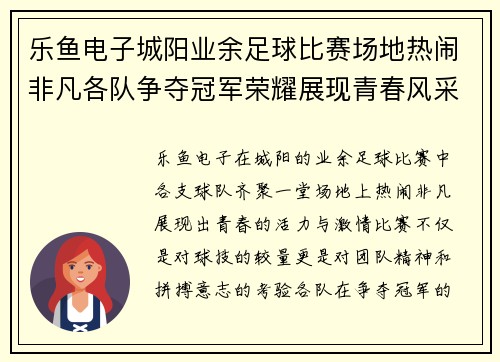 乐鱼电子城阳业余足球比赛场地热闹非凡各队争夺冠军荣耀展现青春风采