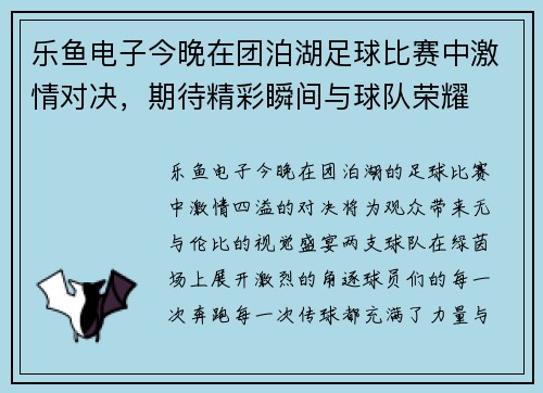 乐鱼电子今晚在团泊湖足球比赛中激情对决，期待精彩瞬间与球队荣耀