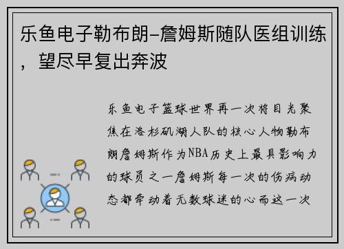 乐鱼电子勒布朗-詹姆斯随队医组训练，望尽早复出奔波
