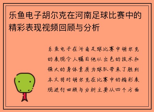 乐鱼电子胡尔克在河南足球比赛中的精彩表现视频回顾与分析
